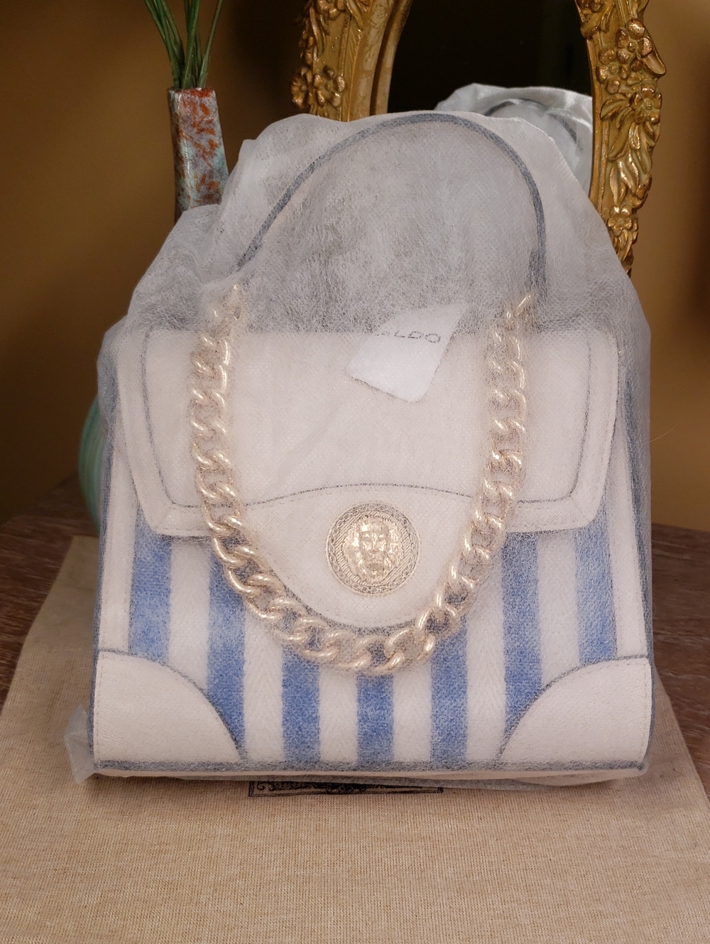 ALDO Blue & White Striped Satchel Crossbody w/ Gold Lion & Chain Accent NWT! - Picture 9 of 11